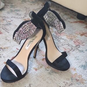 Nina Shoes Black Beaded Wing Ankle-Strap Heels